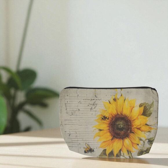 Vintage Sunflower Bee Cosmetic Bag Linen Script Botanical Makeup Pouch - Picture 5 of 8